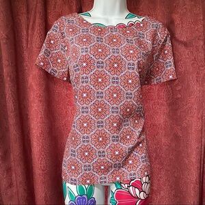 J Crew Red Blue Geometric Floral Medallion Blouse